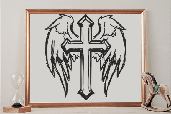 Cross and Angel Wings, Hand Drawn Embroidery